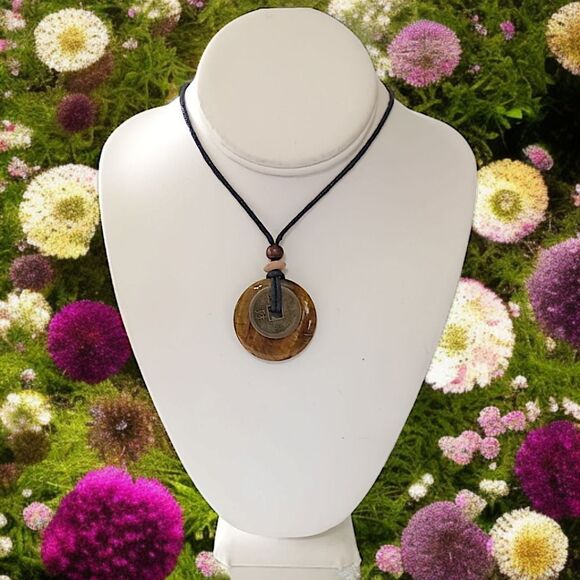 Tigers Eye Necklace Pendant Disc Coin Corded Bohemian Hippie Boho Chic Gypsy - Picture 12 of 16